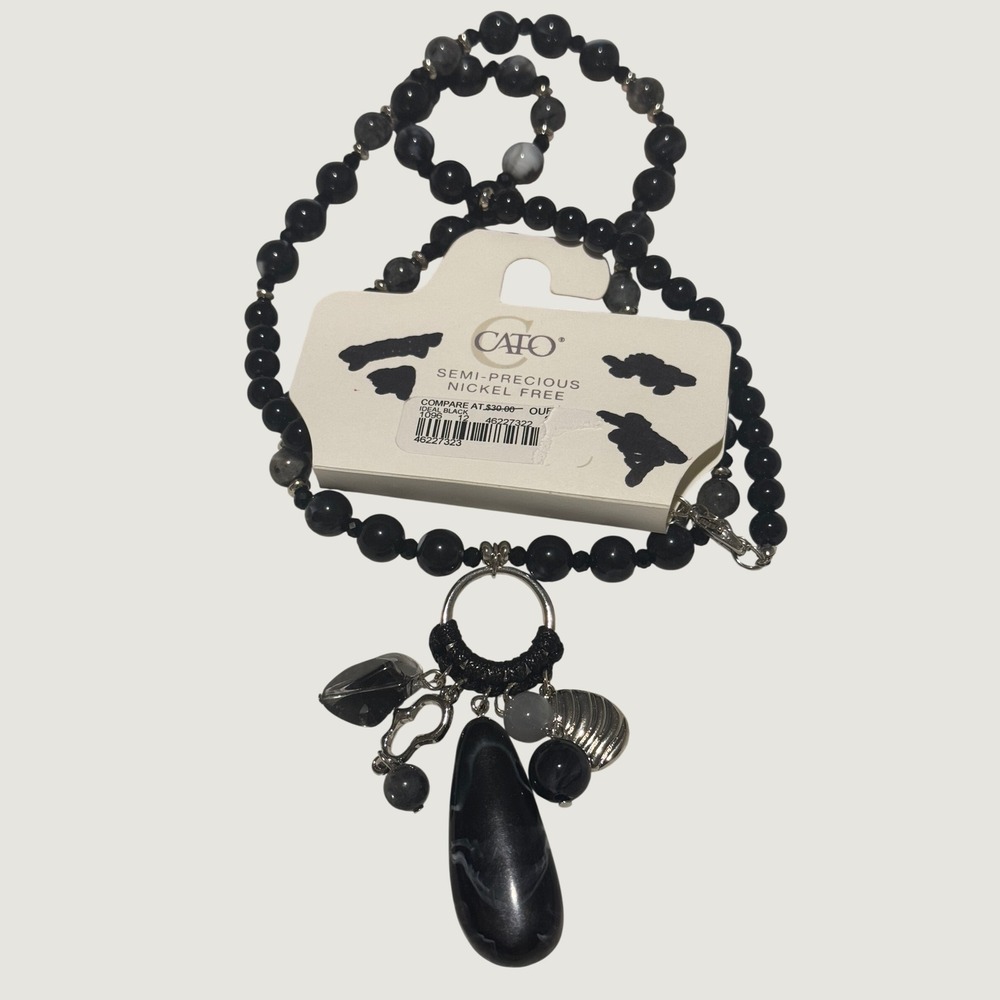 Cato Black Grey Semi Precious Stone Beaded Statement Necklace Silver Tone Charms